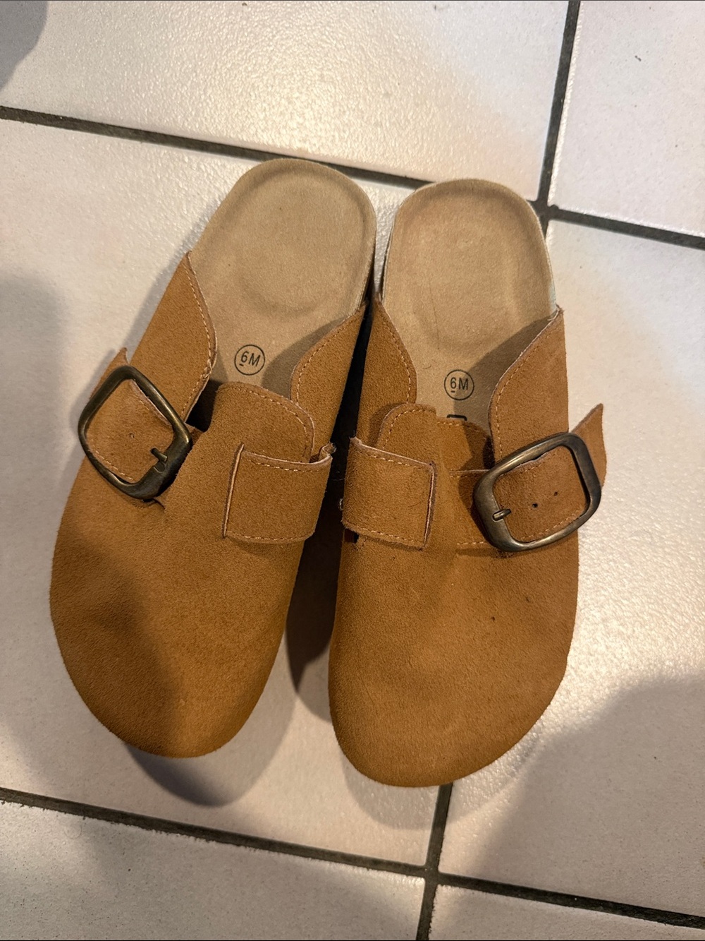 Suede Slip-On Clogs with Buckle in Tan
